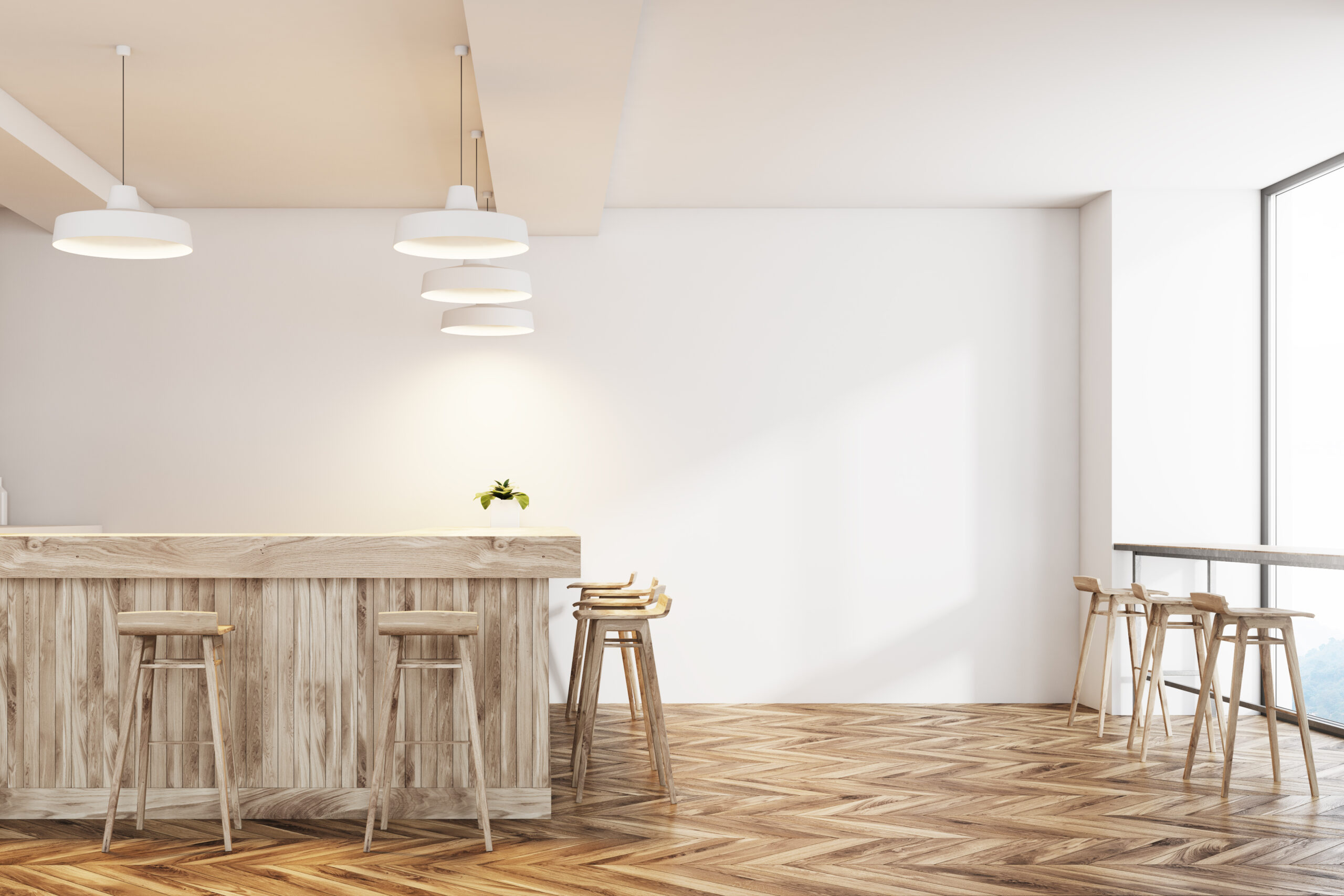 White,Bar,Interior,With,A,Wooden,Floor,,A,Wooden,Bar
